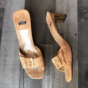 Stuart Weitzman Cork Open Toe Buckle Heeled Mules